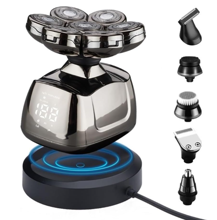 Men's Electric Shaver, 6-in-1 Head Shaver with 7 Rotary Heads, LED Display, and Wireless Charging