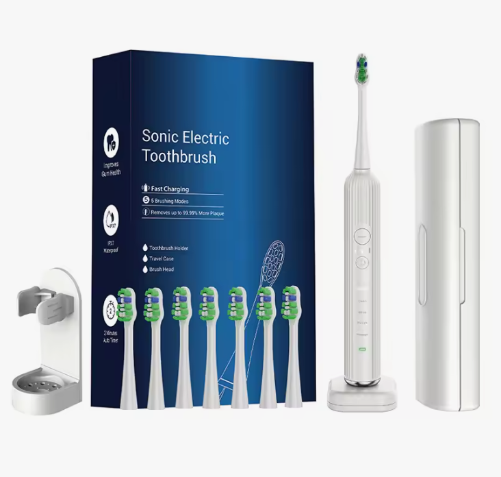 Electric toothbrush, 5 modes, fast charging, comes with replacement heads and a travel case