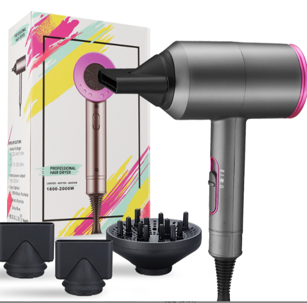 Negative ion hair dryer, equipped with diffuser and 2 concentrator nozzles