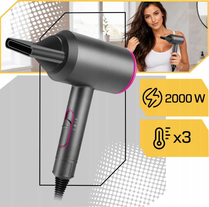 Negative ion hair dryer, equipped with diffuser and 2 concentrator nozzles
