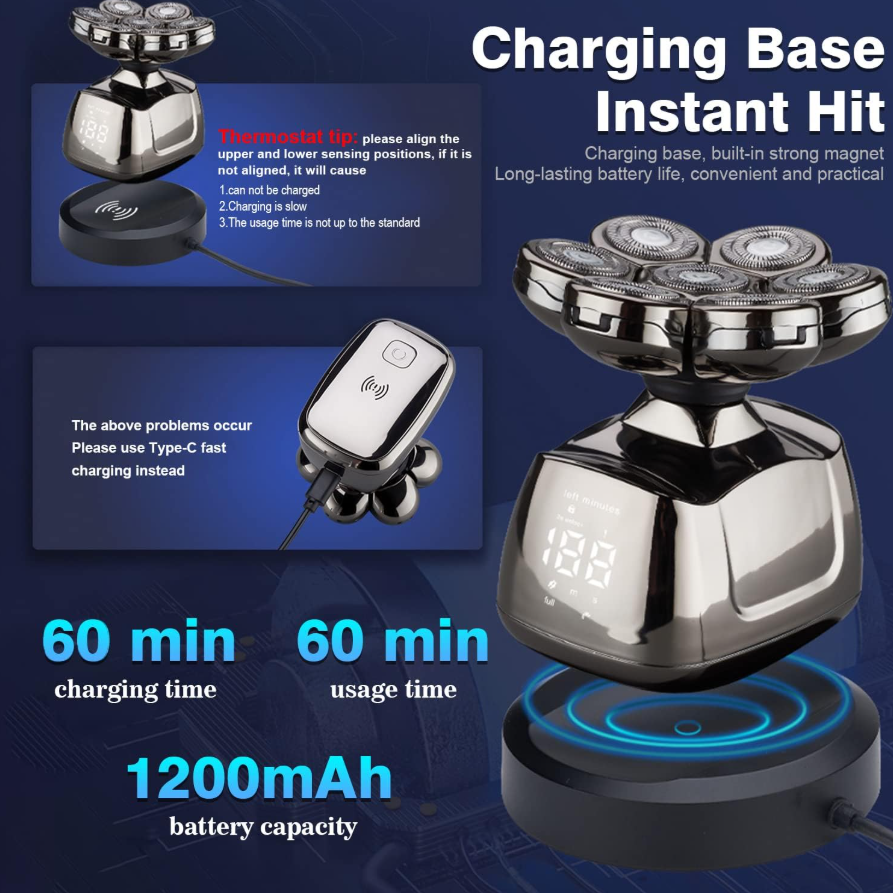 Men's Electric Shaver, 6-in-1 Head Shaver with 7 Rotary Heads, LED Display, and Wireless Charging