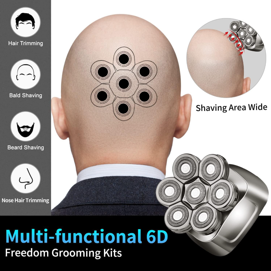 Men's Electric Shaver, 6-in-1 Head Shaver with 7 Rotary Heads, LED Display, and Wireless Charging