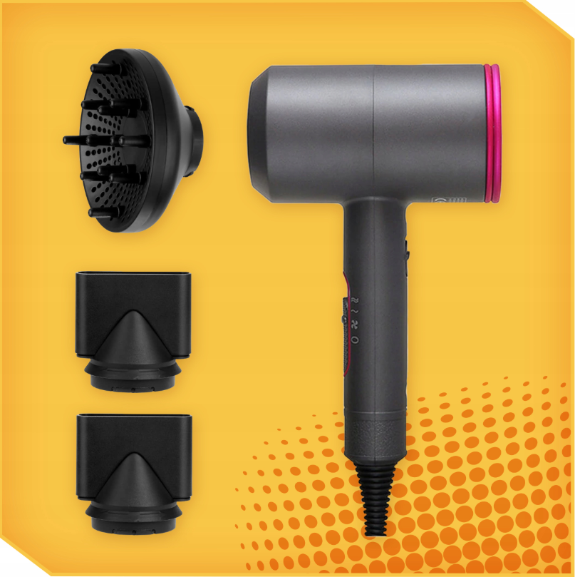 Negative ion hair dryer, equipped with diffuser and 2 concentrator nozzles