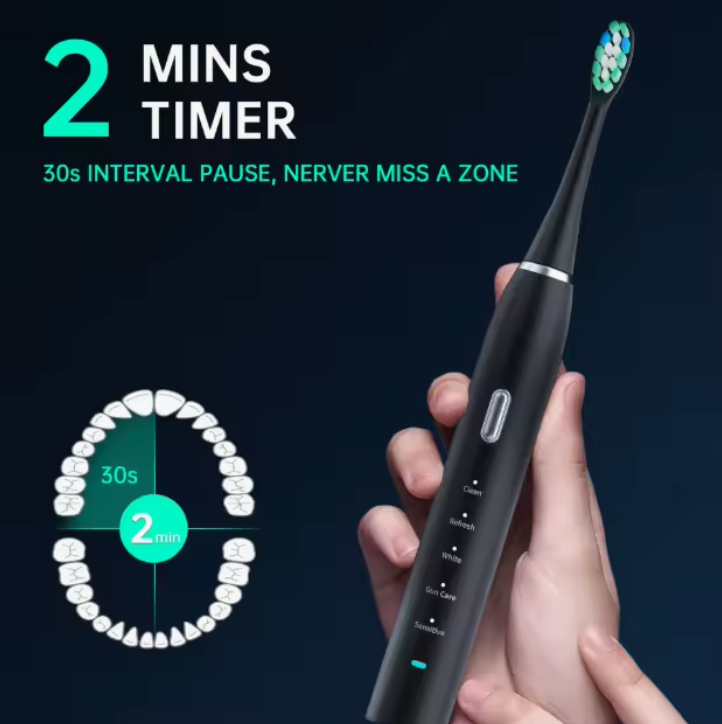 Electric toothbrush, 5 modes, fast charging, comes with replacement heads and a travel case
