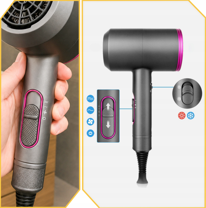 Negative ion hair dryer, equipped with diffuser and 2 concentrator nozzles