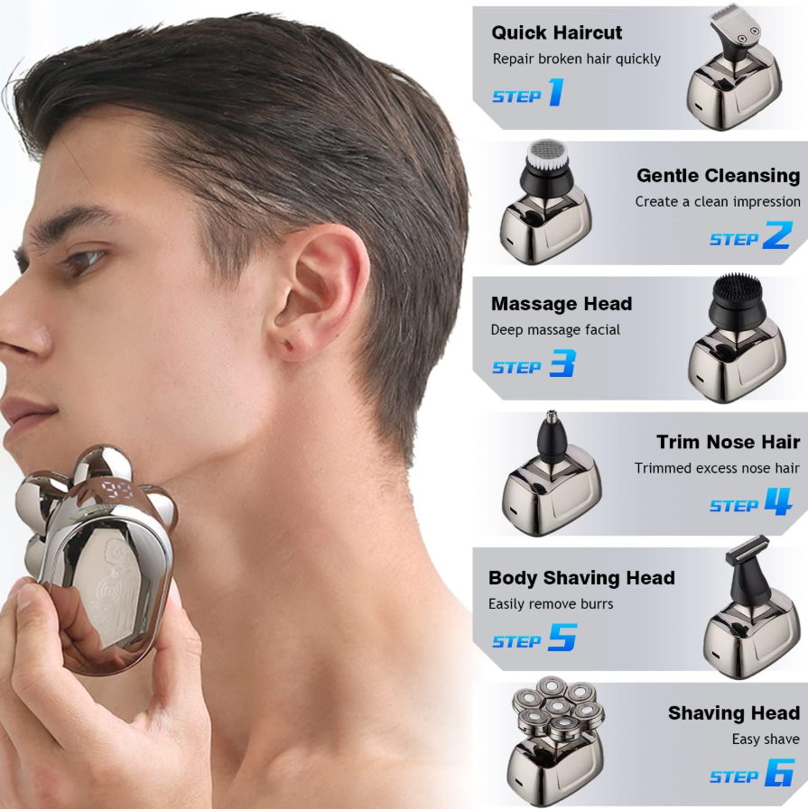 Men's Electric Shaver, 6-in-1 Head Shaver with 7 Rotary Heads, LED Display, and Wireless Charging
