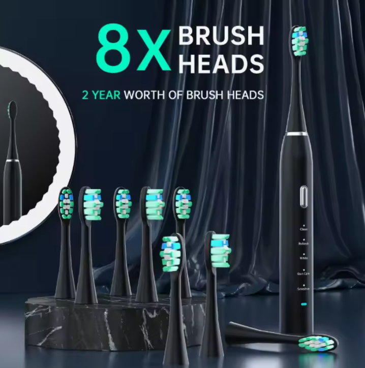 Electric toothbrush, 5 modes, fast charging, comes with replacement heads and a travel case