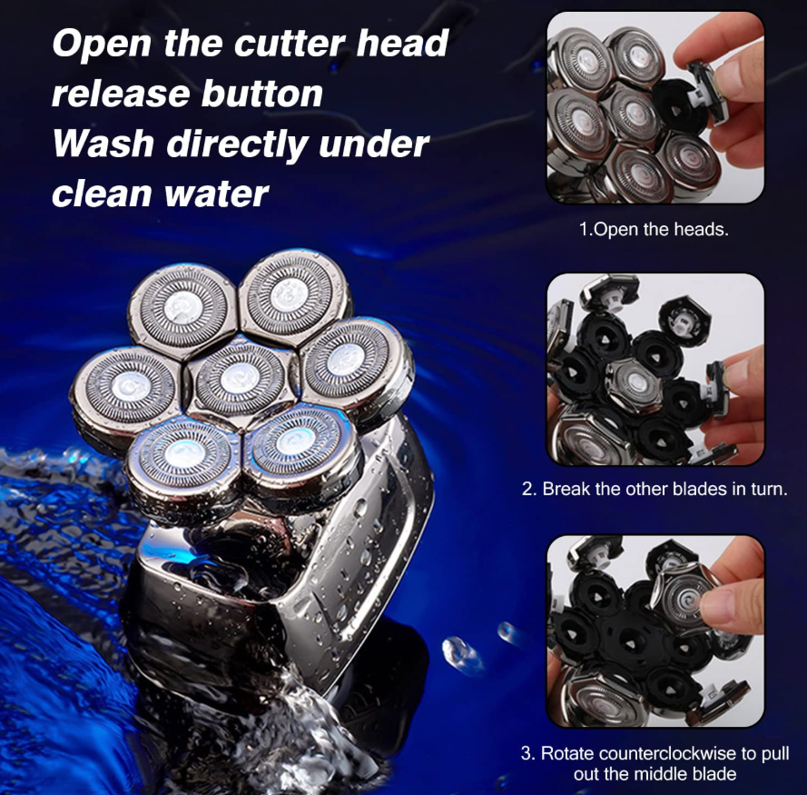 Men's Electric Shaver, 6-in-1 Head Shaver with 7 Rotary Heads, LED Display, and Wireless Charging