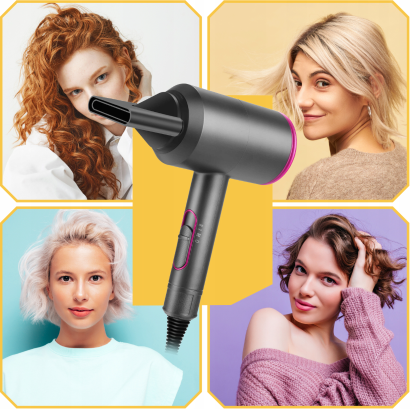 Negative ion hair dryer, equipped with diffuser and 2 concentrator nozzles