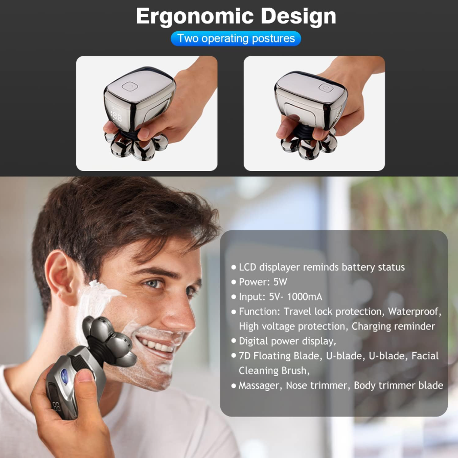 Men's Electric Shaver, 6-in-1 Head Shaver with 7 Rotary Heads, LED Display, and Wireless Charging