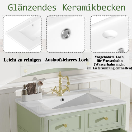 Grønt Badeværelsesskab 81×45.5×86.5 cm med Keramisk Vask, Soft-Close Skuffe, Overløbsbeskyttelse og Metalhåndtag – Moderne Opbevaringsskab
