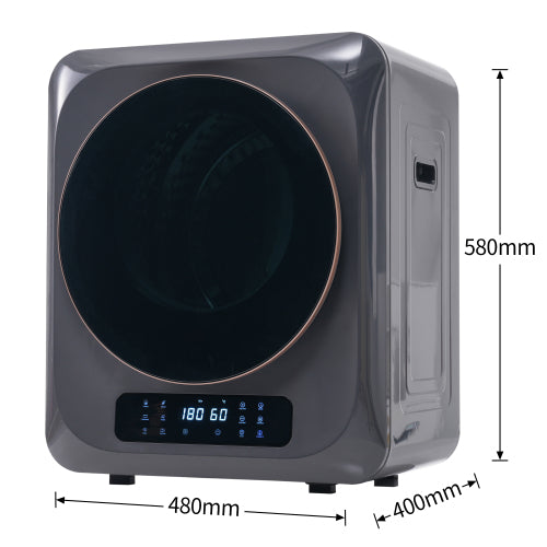 Sèche-linge à évacuation en acier inoxydable, capacité nominale 3 kg / max 4 kg, 850 W, 6 programmes, désinfection UV, filtration multiple, protection surchauffe, fixation murale, classe énergétique G