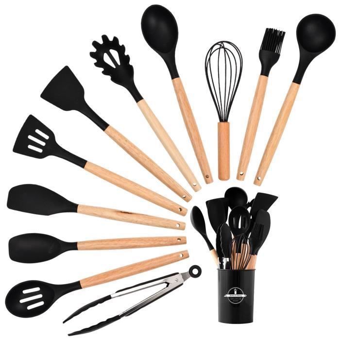 12-Piece Kitchen Utensil Set – Black | Silicone & Wood | Heat Resistant