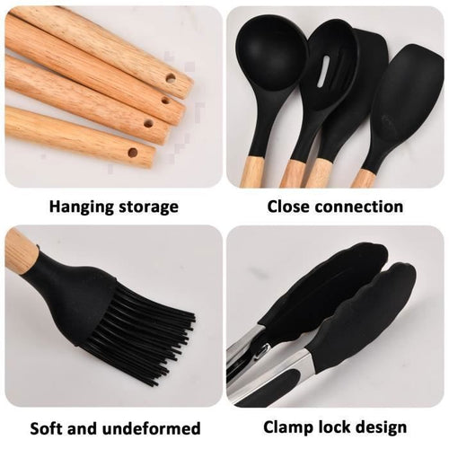 12-Piece Kitchen Utensil Set – Black | Silicone & Wood | Heat Resistant