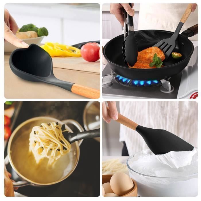 12-Piece Kitchen Utensil Set – Black | Silicone & Wood | Heat Resistant