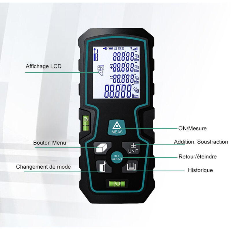 Télémètre laser numérique 50m – Précision ± 2mm – Mesure de surface, volume et Pythagore – Écran LCD rétroéclairé
