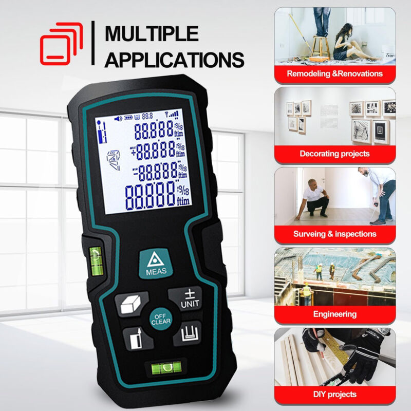 Télémètre laser numérique 50m – Précision ± 2mm – Mesure de surface, volume et Pythagore – Écran LCD rétroéclairé