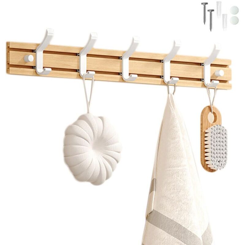 Bamboo Coat Rack Wall Mounted, 5 Hooks for Hanging Clothes, Bathrobes, Towels, Coats Wall Hook for Entryway, Bedroom, Bathroom (White-5 Hooks)