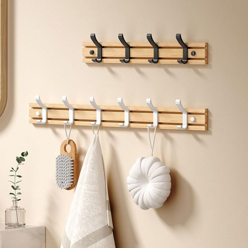 Bamboo Coat Rack Wall Mounted, 5 Hooks for Hanging Clothes, Bathrobes, Towels, Coats Wall Hook for Entryway, Bedroom, Bathroom (White-5 Hooks)