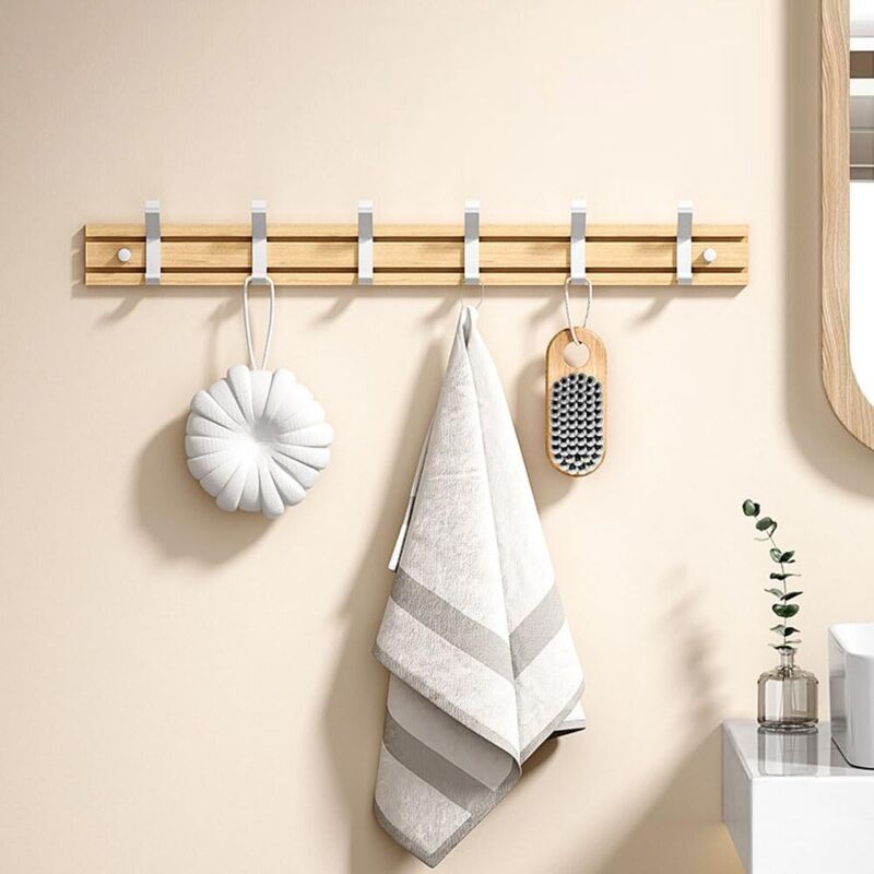 Bamboo Coat Rack Wall Mounted, 5 Hooks for Hanging Clothes, Bathrobes, Towels, Coats Wall Hook for Entryway, Bedroom, Bathroom (White-5 Hooks)