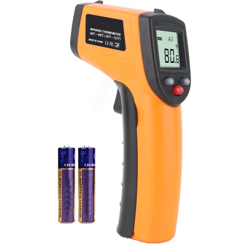 Non-contact infrared thermometer – Range from -50°C to 400°C – Backlit LCD screen – Accuracy ± 1°C – Laser sight for targeting