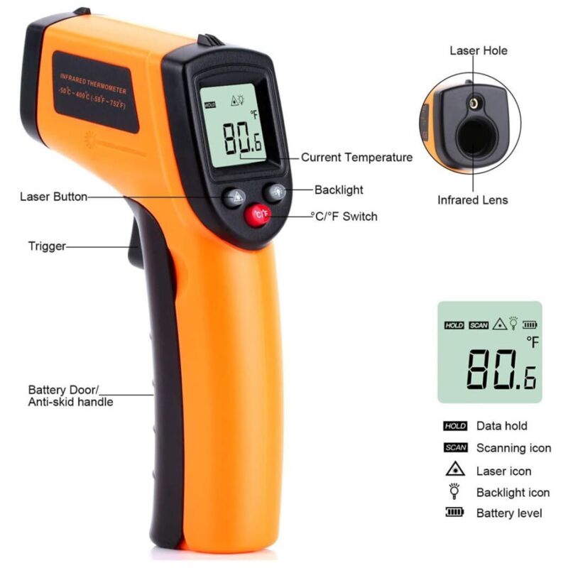 Non-contact infrared thermometer – Range from -50°C to 400°C – Backlit LCD screen – Accuracy ± 1°C – Laser sight for targeting