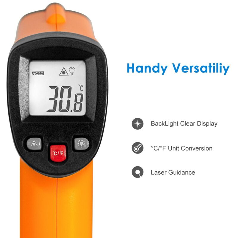Non-contact infrared thermometer – Range from -50°C to 400°C – Backlit LCD screen – Accuracy ± 1°C – Laser sight for targeting