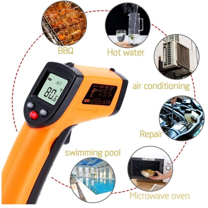 Non-contact infrared thermometer – Range from -50°C to 400°C – Backlit LCD screen – Accuracy ± 1°C – Laser sight for targeting