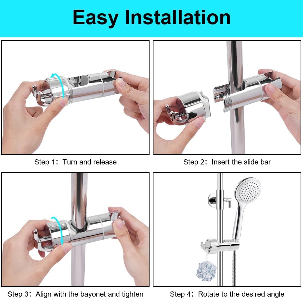 Hand Shower Holder for 16–27 mm Rail, Adjustable Replacement Shower Bracket, 360° Rotation, with 2 Hooks