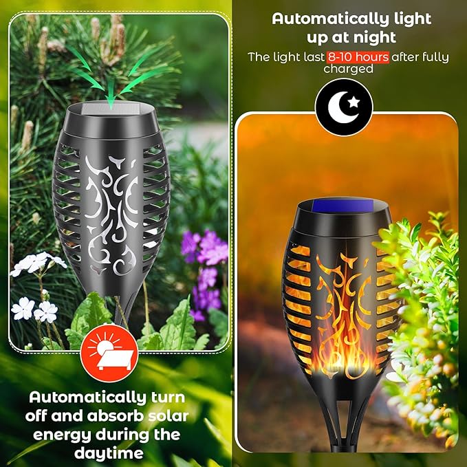 6-pak udendørs solcellelamper med realistisk dynamisk flamme – Solcellelampe til stier [Energiklasse G]