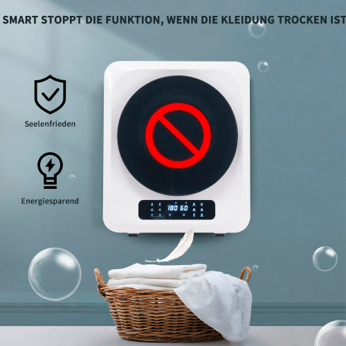 Sèche-linge à évacuation en acier inoxydable, capacité nominale 3 kg / max 4 kg, 850 W, 6 programmes, désinfection UV, filtration multiple, protection surchauffe, fixation murale, classe énergétique G