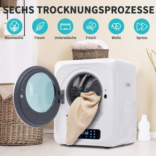 Sèche-linge à évacuation en acier inoxydable, capacité nominale 3 kg / max 4 kg, 850 W, 6 programmes, désinfection UV, filtration multiple, protection surchauffe, fixation murale, classe énergétique G