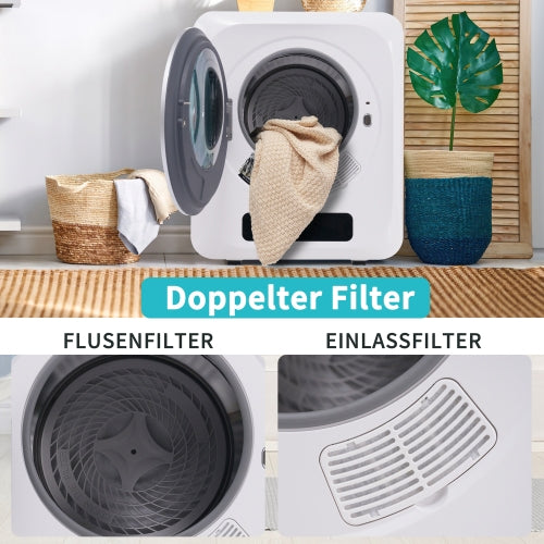 Sèche-linge à évacuation en acier inoxydable, capacité nominale 3 kg / max 4 kg, 850 W, 6 programmes, désinfection UV, filtration multiple, protection surchauffe, fixation murale, classe énergétique G