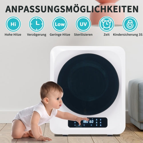 Sèche-linge à évacuation en acier inoxydable, capacité nominale 3 kg / max 4 kg, 850 W, 6 programmes, désinfection UV, filtration multiple, protection surchauffe, fixation murale, classe énergétique G