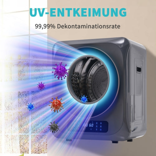 Sèche-linge à évacuation en acier inoxydable, capacité nominale 3 kg / max 4 kg, 850 W, 6 programmes, désinfection UV, filtration multiple, protection surchauffe, fixation murale, classe énergétique G