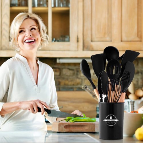 12-Piece Kitchen Utensil Set – Black | Silicone & Wood | Heat Resistant