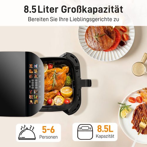 XXL Airfryer 8,5L – Med rude, farveberøringsskærm, 12 programmer, nem rengøring | 2-i-1 Airfryer og min ovn
