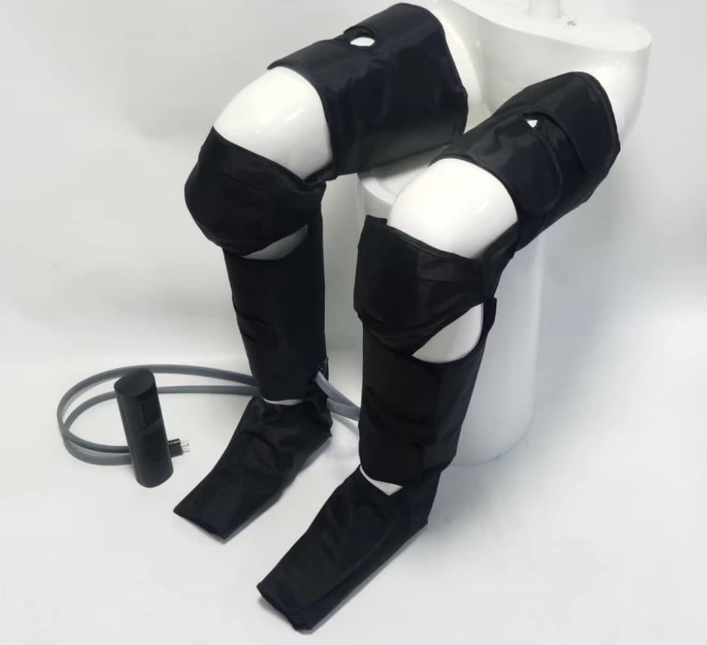 Air compression leg massager for circulation and pain relief; full-leg compression boots with adjustable extension straps for feet, calves, and thighs.