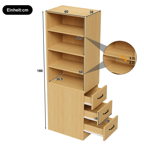 180cm Tall Slim Bookshelf with Side Drawers, Adjustable Shelves, Space-Saving Storage for Small Rooms