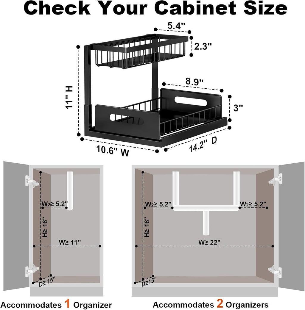 Under-sink organizer, 2-tier pull-out storage cabinet, sliding under-sink shelf, kitchen organizers and storage, 1-pack