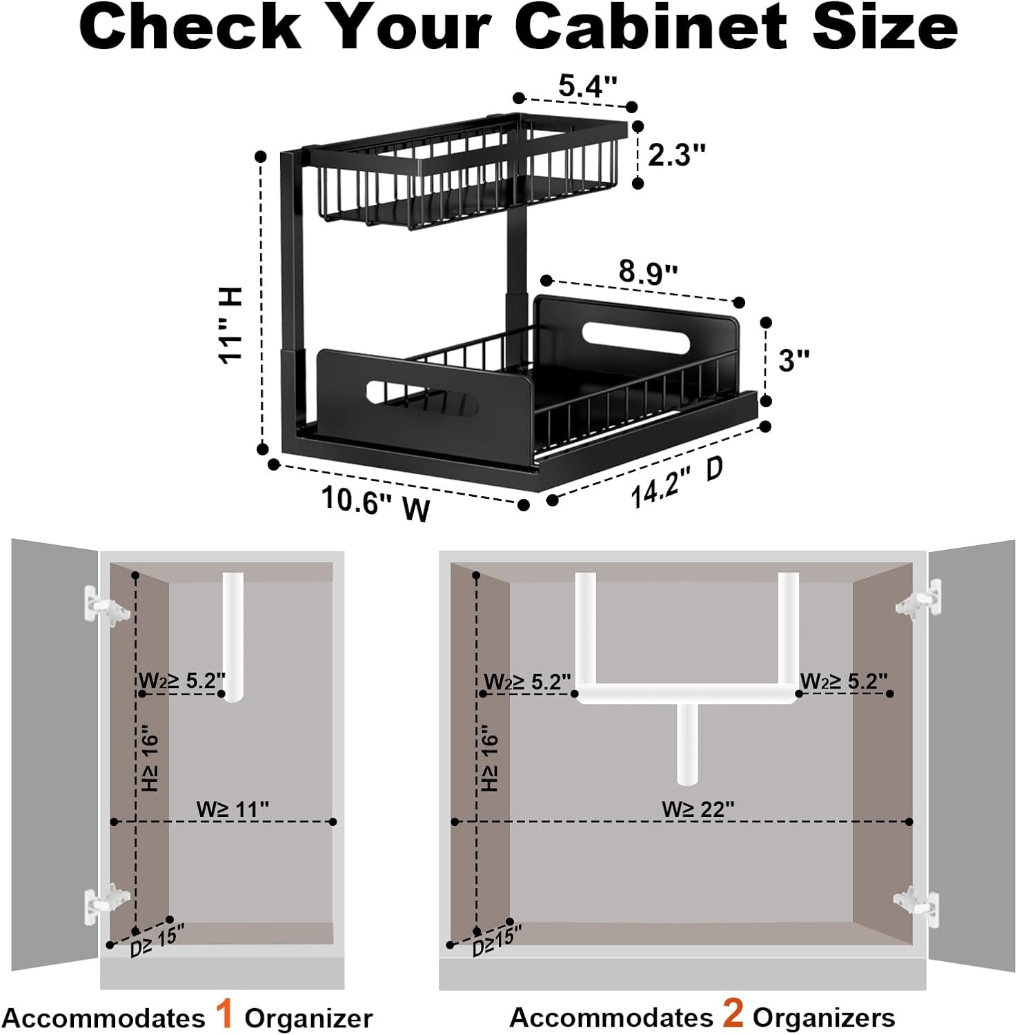 Under-sink organizer, 2-tier pull-out storage cabinet, sliding under-sink shelf, kitchen organizers and storage, 1-pack