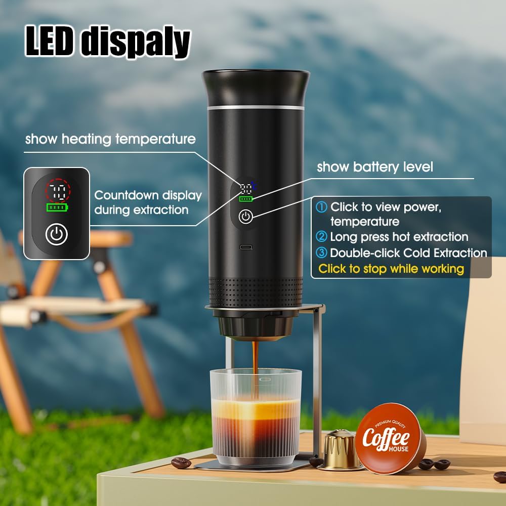 Automatisk espressomaskine – Dobbelt varm- og koldbryg – 20 bar tryk – Kompakt bærbar kaffemaskine med hurtig opvarmning – Indbygget transparent kop – Rejsevenligt design