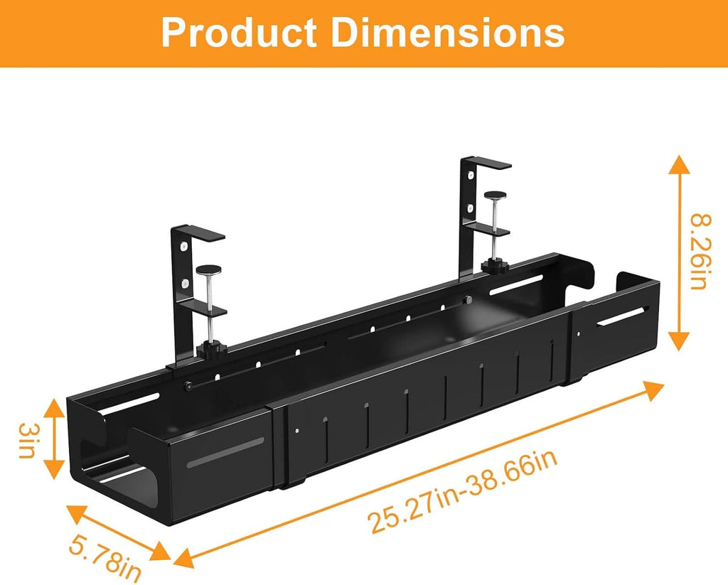 Under-Desk Cable Management Tray,Expandable from 25.27 to 38.66 Inches, Heavy-Duty Steel Desk Cable Organizer for Office and Home
