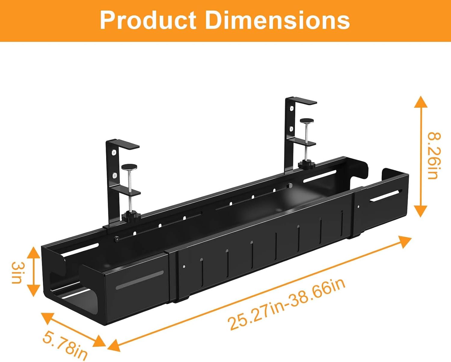 Under-Desk Cable Management Tray,Expandable from 25.27 to 38.66 Inches, Heavy-Duty Steel Desk Cable Organizer for Office and Home
