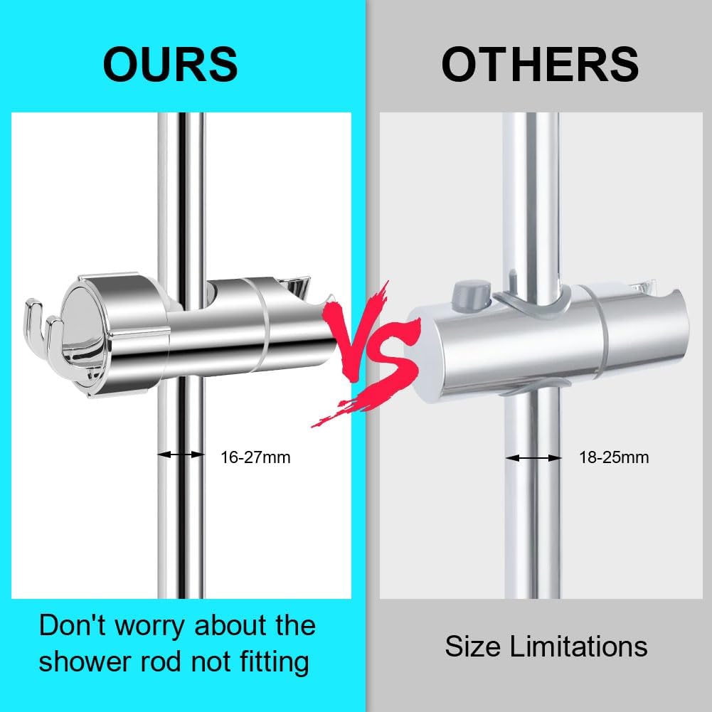 Hand Shower Holder for 16–27 mm Rail, Adjustable Replacement Shower Bracket, 360° Rotation, with 2 Hooks