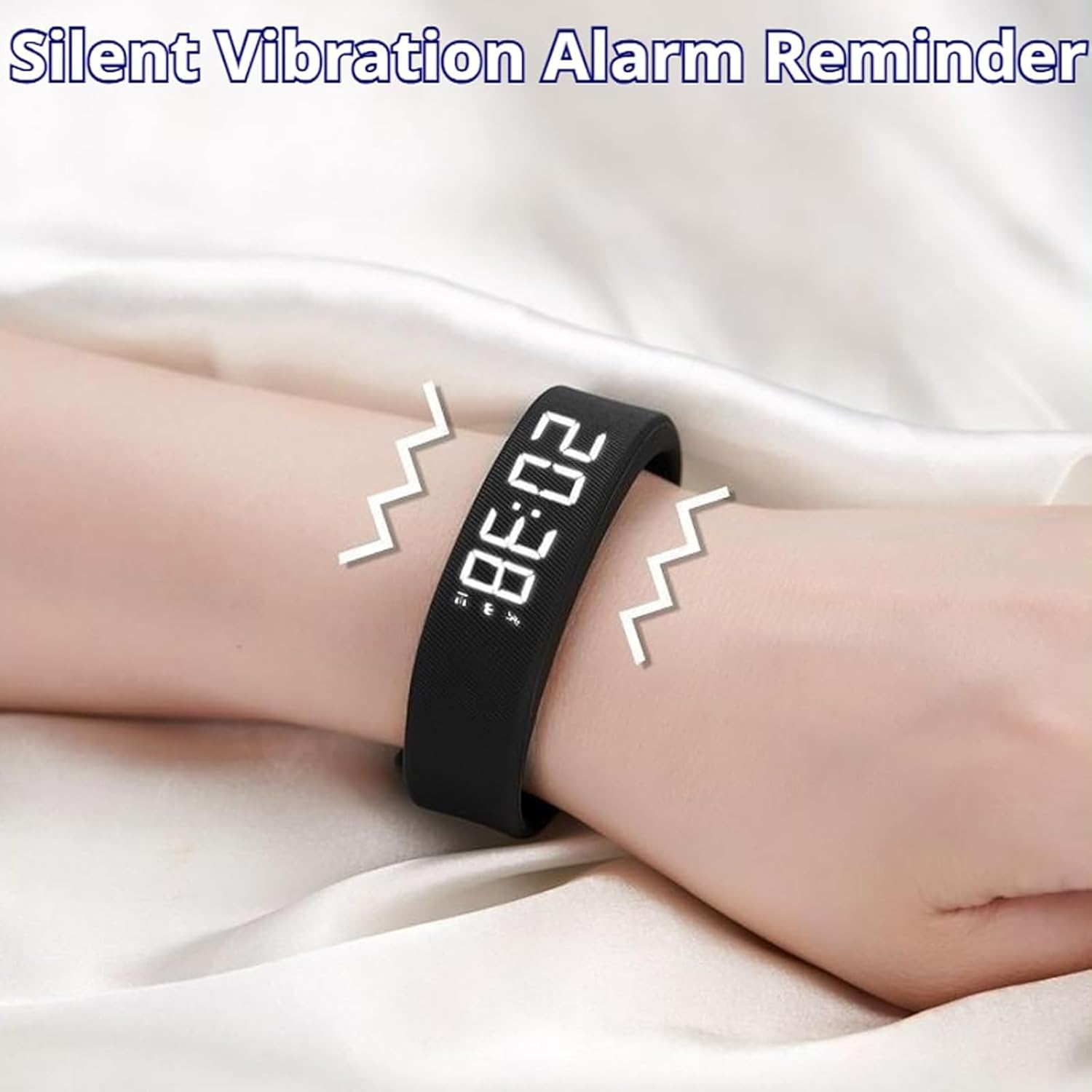 Bracelet alarme vibrant 2026 pour sommeil profond – Bracelet de réveil silencieux, multifonction rechargeable, bleu