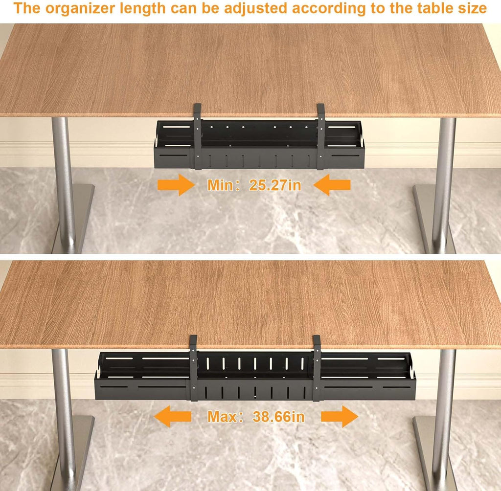 Under-Desk Cable Management Tray,Expandable from 25.27 to 38.66 Inches, Heavy-Duty Steel Desk Cable Organizer for Office and Home