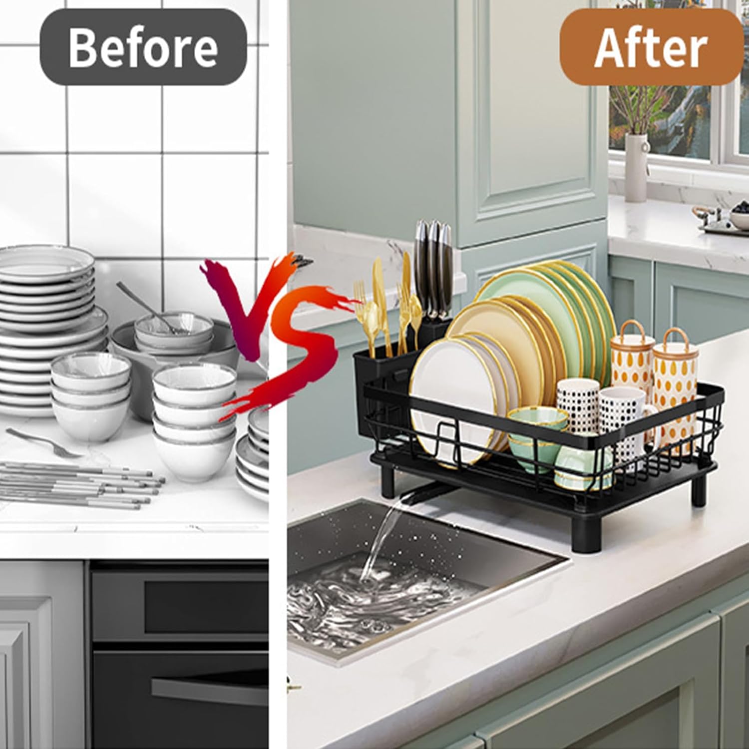 Large Stainless Steel Kitchen Dish Drying Rack with Cup Holders, Utensil Holder, and Automatic Drainage,Single-Tier