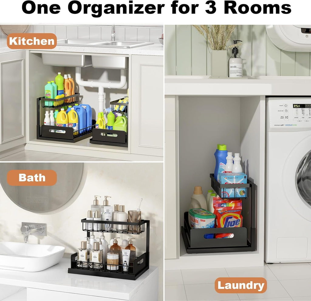 Under-sink organizer, 2-tier pull-out storage cabinet, sliding under-sink shelf, kitchen organizers and storage, 1-pack