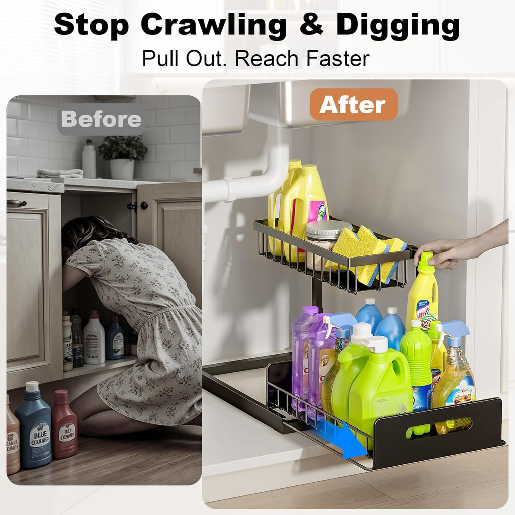 Under-sink organizer, 2-tier pull-out storage cabinet, sliding under-sink shelf, kitchen organizers and storage, 1-pack